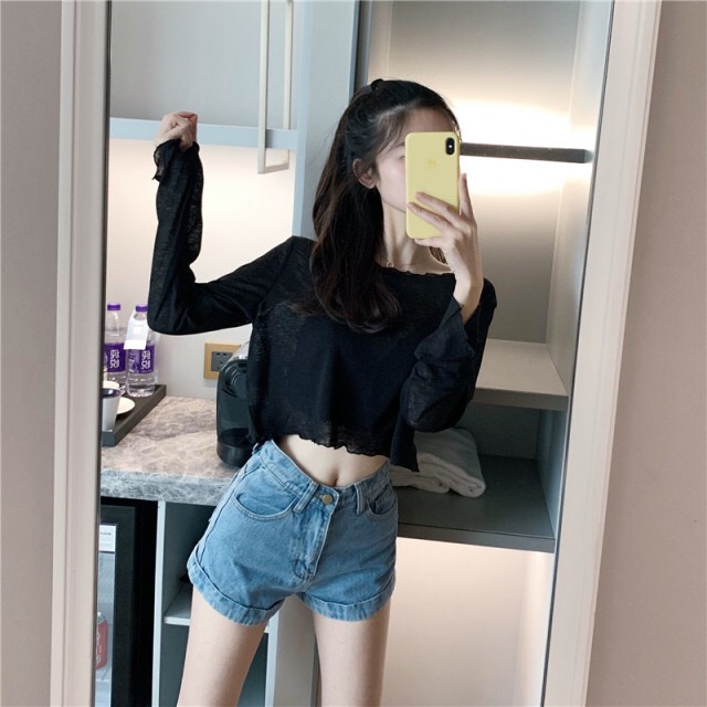 夏新款港味性感純色短款長袖薄款T恤女小心機透透上衣防曬衫