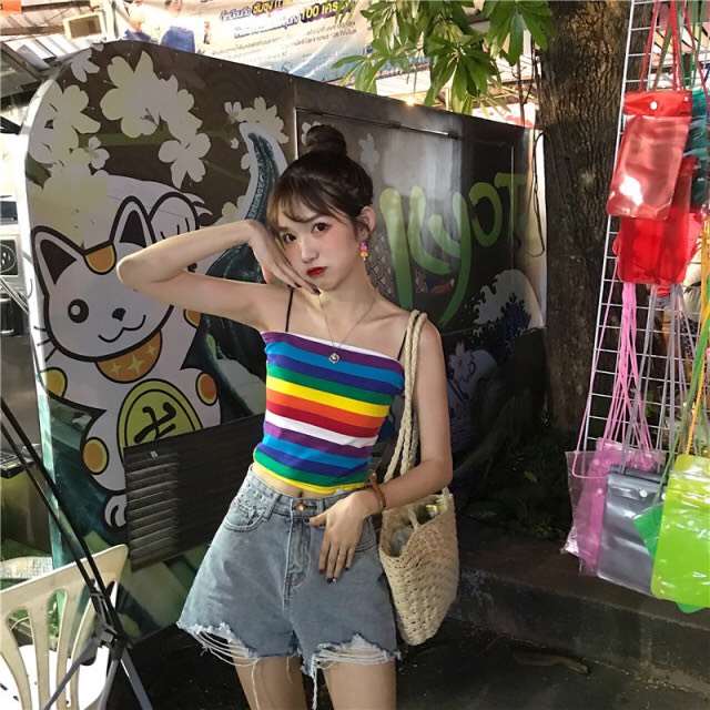 款韓版短款無袖chic彩虹條紋打底吊帶背心時尚女裝潮