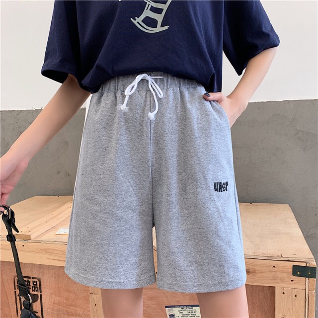 新款小個子字母刺繡運動短褲韓版ins潮寬松直筒休閑五分褲女-灰色