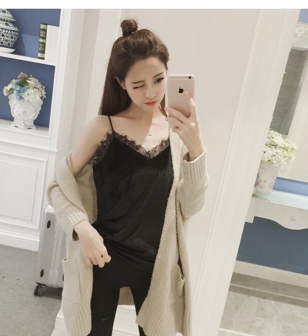 小心機性感名媛時髦修身洋氣內搭黑色蕾絲細吊帶背心女