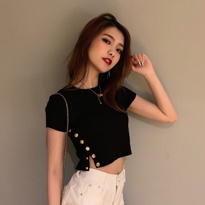 百搭時尚韓版性感修身純色側邊開叉按扣緊身露臍短款T恤上衣女潮-黑色