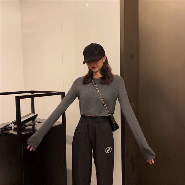韓版潮流休閑百搭顯瘦打底上衣女-灰色