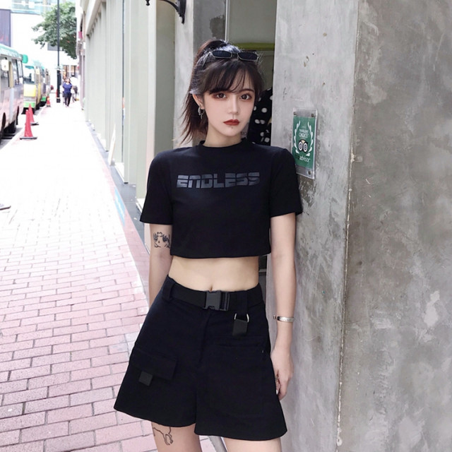 港味爵士風高腰泫雅露臍裝短款上衣緊身黑色短袖t恤