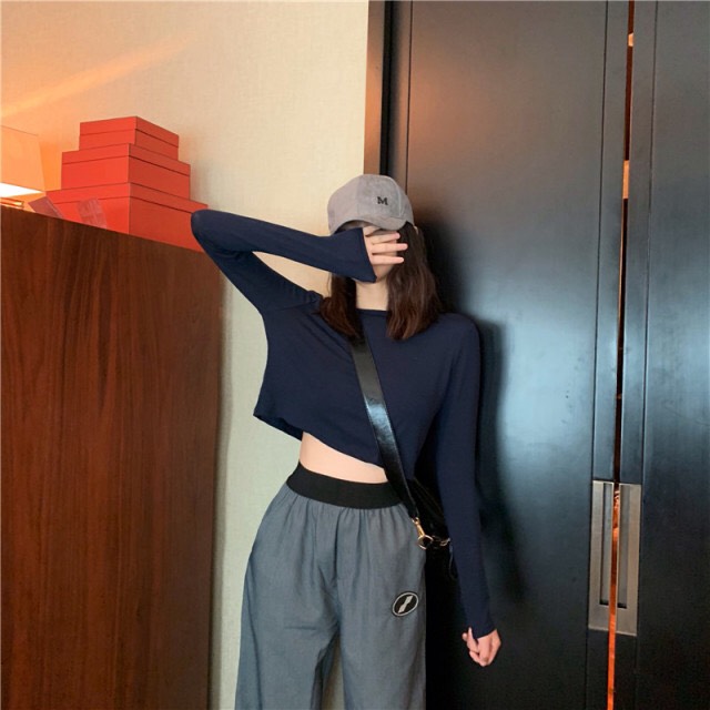 韓版潮流休閑百搭顯瘦打底上衣女-藍色