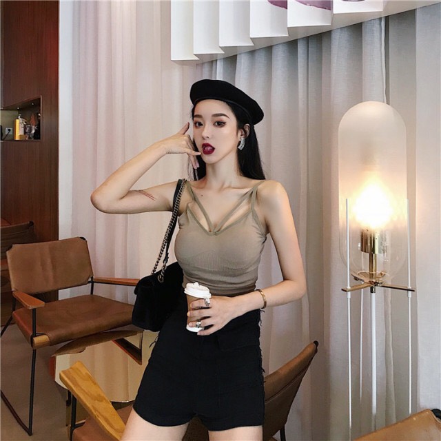 韓版chic時尚吊帶背心女無袖打底衫內搭小吊帶外穿美背女-卡其色