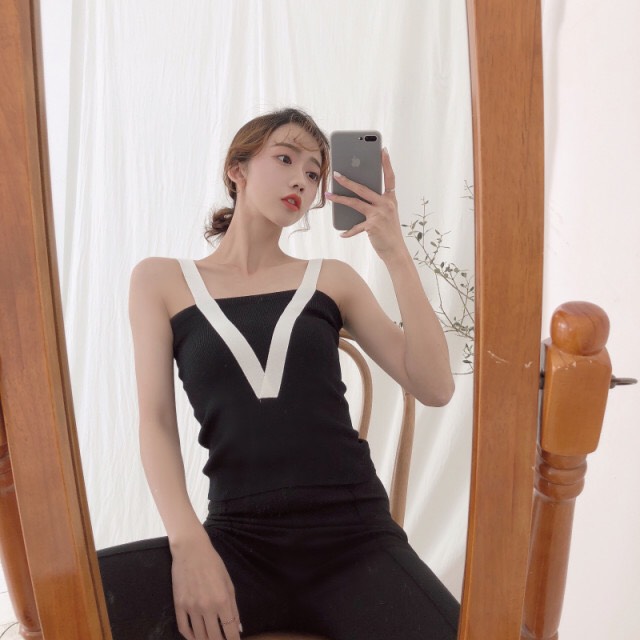 韓版百搭夏新款時尚修身V領撞色拼接短款針織吊帶背心薄款上衣女-黑色