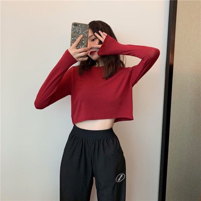 韓版潮流休閑百搭顯瘦打底上衣女-紅色