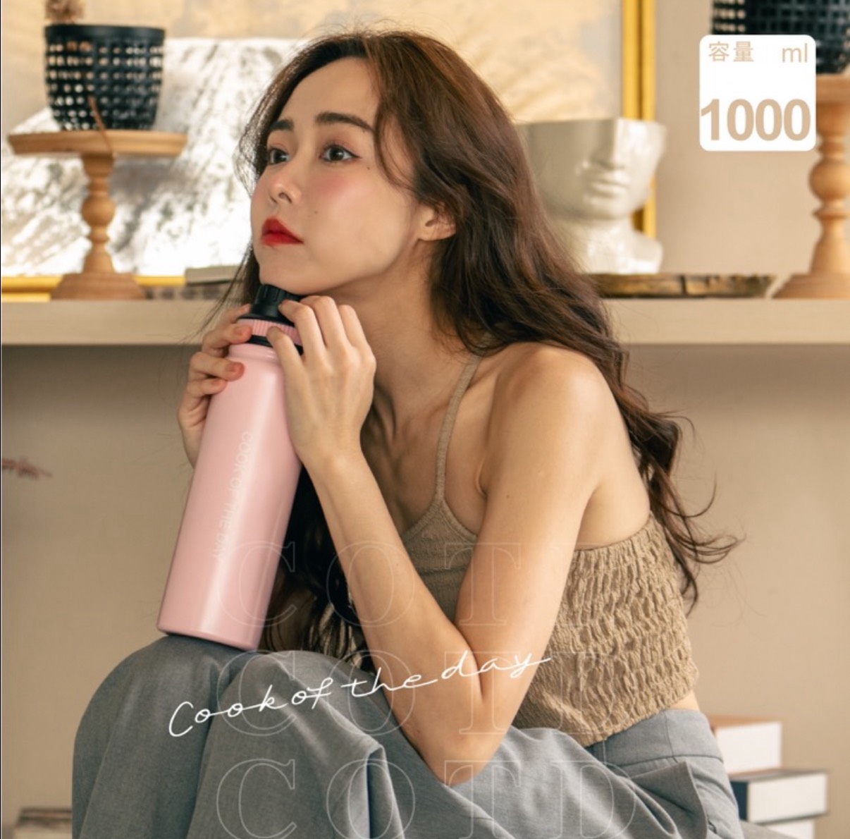 陶瓷保溫水壺1000ML【粉色】