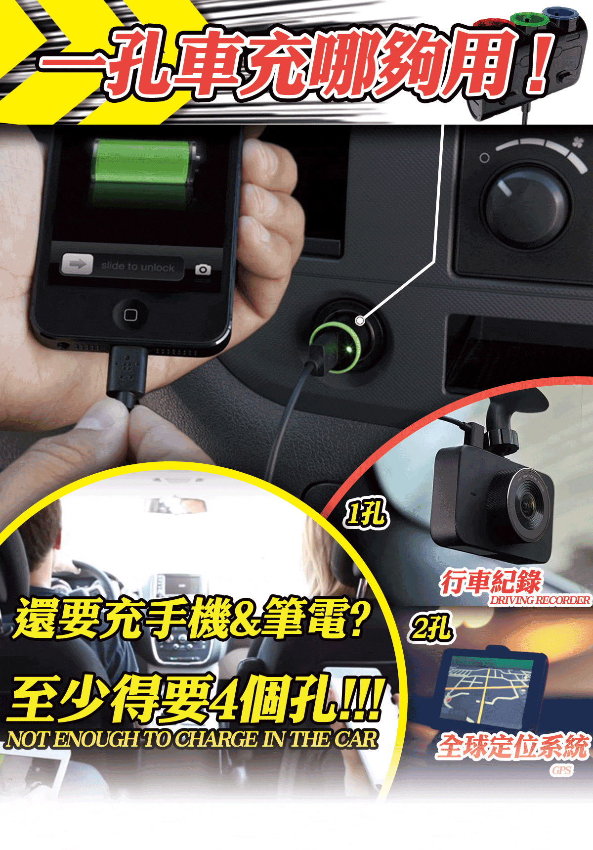 多功能一對三車充點菸器